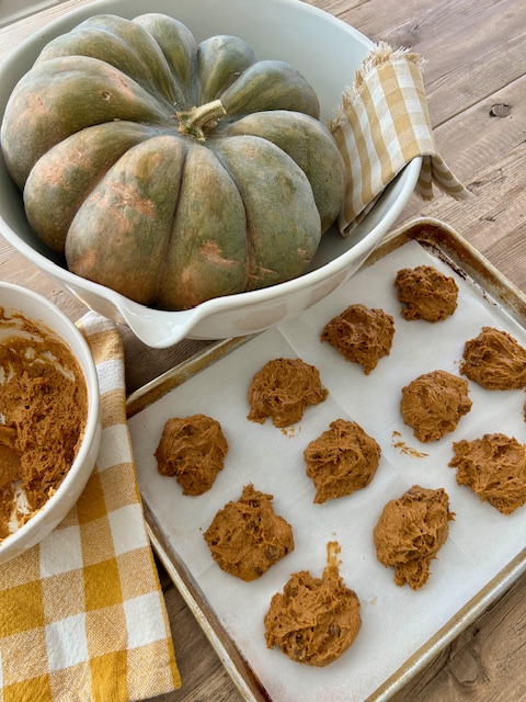 sheet pan with uncooked pumpkin chocolate chip cookies ready to bake on white parchment paper